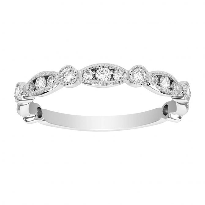 Diamond Navette & Round Alternating Milgrain Station Ring in White Gold