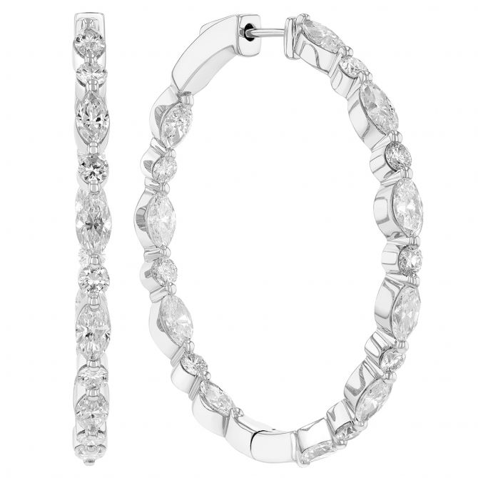 Round & Marquise Shaped Diamond Inside Out Hoop Earrings in White Gold, 5.50 cttw