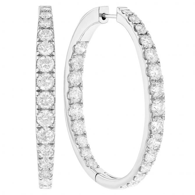 Graduated Diamond In & Out Tapered Oval Hoop Earrings in White Gold, 7.25 cttw