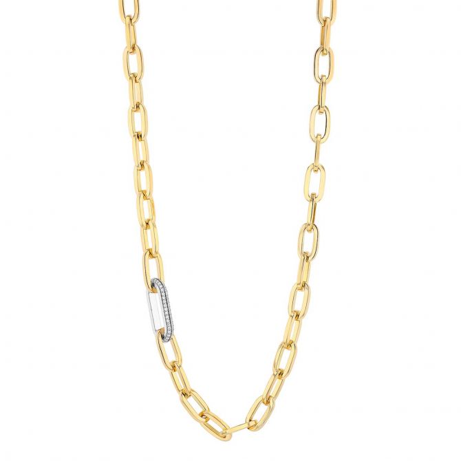 Roberto Coin Oro Classic Yellow Gold Link Necklace with White Gold Diamond Link, 18"