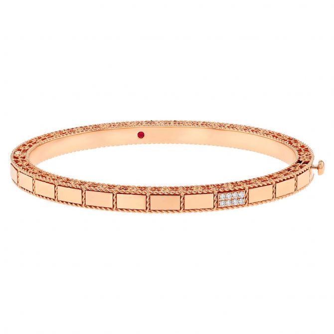 Roberto Coin Art Deco Diamond & Rose Gold Brick Pattern Bangle Bracelet