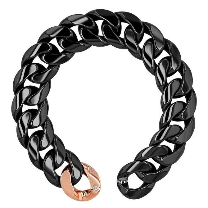 Demeglio High Polish Black Ceramic Curb Chain Bracelet with Rose Gold Clasp, 6.75"