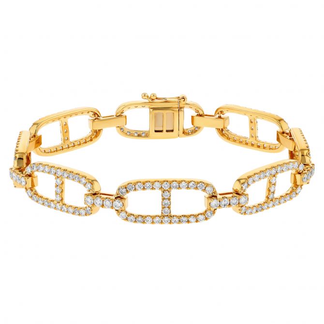 Diamond Oval & Bar Link Bracelet in Yellow Gold, 7"