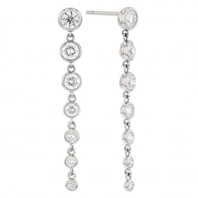 Graduated Bezel Set Diamond Cascade Dangle Earrings in White Gold, 1.62 cttw