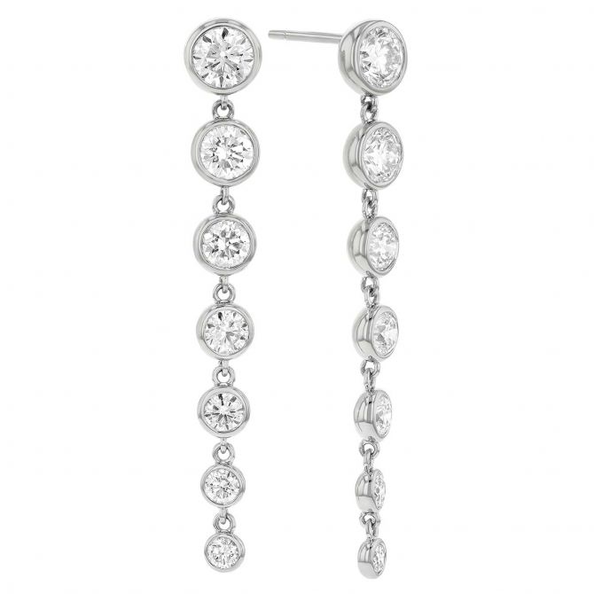 Graduated Bezel Set Diamond Cascade Dangle Earrings in White Gold, 2.99 cttw