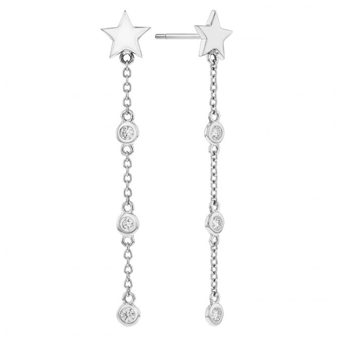 Diamond Bezel Set Drop Earrings with Stars in White Gold