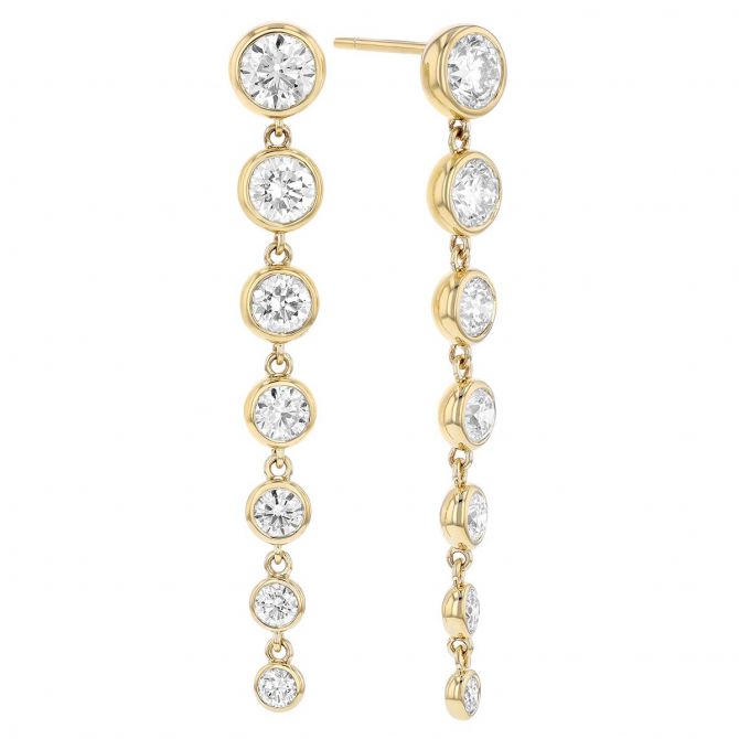 Graduated Bezel Set Diamond Cascade Dangle Earrings in Yellow Gold, 2.99 cttw