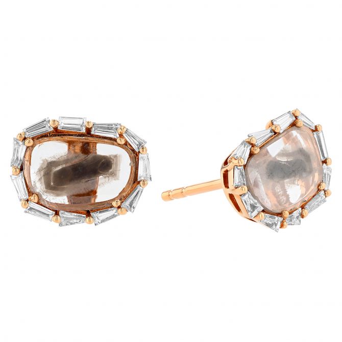 Nebula Rough Diamond Slice Post Earrings with Baguette Frames in Rose Gold