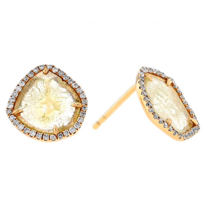 Nebula Rough Diamond Halo Post Earrings in Yellow Gold