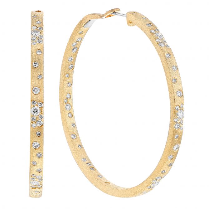 Diamond Flush Set Scatter Hoop Earrings in Matte Yellow Gold, 50 mm