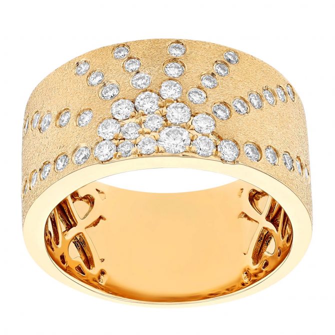 Flush Set Diamond Sunburst Wide Band Ring in Yellow Gold