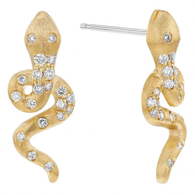 Diamond Snake Drop Earrings in Yellow Gold