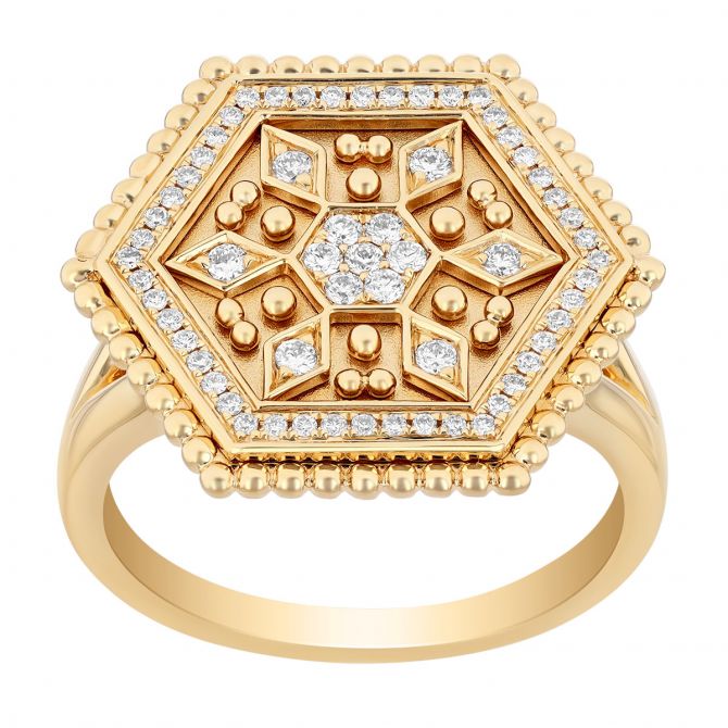 Diamond Hexagon Cocktail Ring with Milgrain and Snowflake Pattern