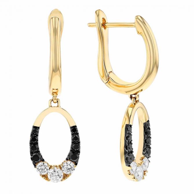 Frederic Sage Black & White Diamond Oval Dangle Earrings in Yellow Gold