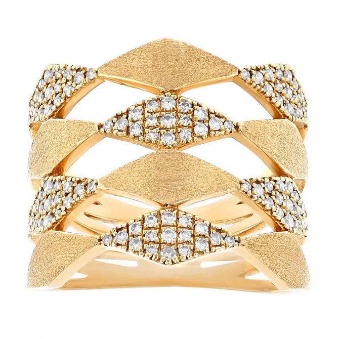 Diamond Pavé Geometric Pattern Multi Band Stacked Ring in Yellow Gold