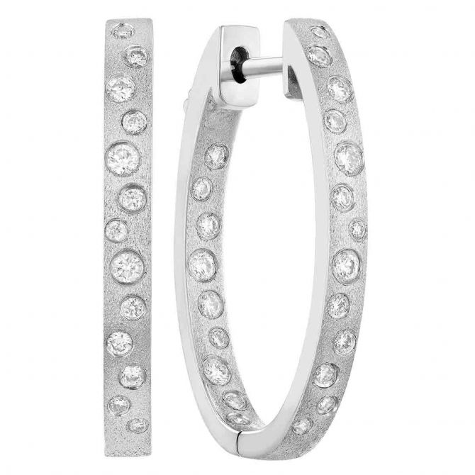 Flush Set Diamond Scatter Inside Out Oval Hoop Earrings in White Gold