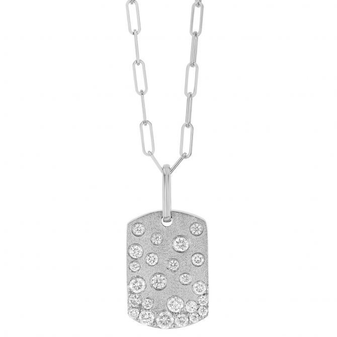 Flush Set Diamond Scatter Dog Tag Pendant in White Gold, 18"