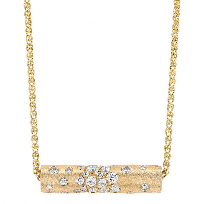 Diamond Scatter Tube Bead Necklace in Matte Yellow Gold, 18"