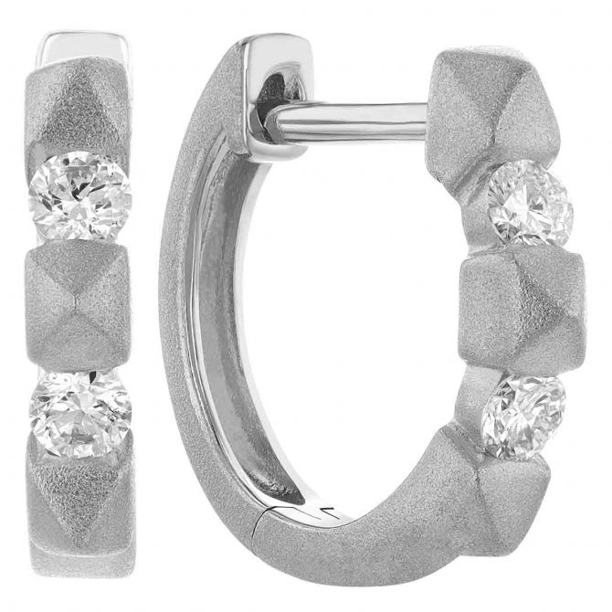 Diamond & Small Spike Pattern Huggie Hoop Earrings in White Gold