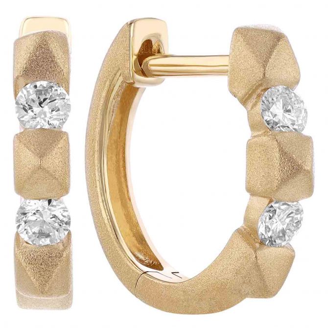 Diamond & Small Spike Pattern Huggie Hoop Earrings in Yellow Gold