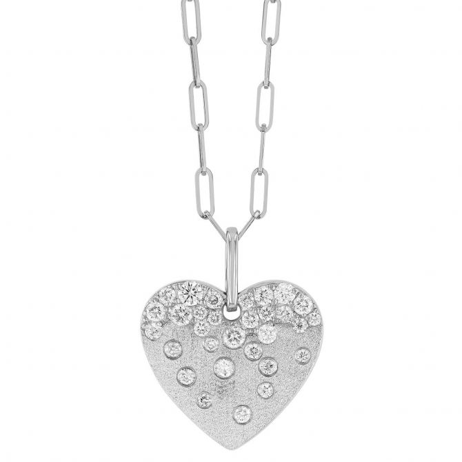 Flush Set Diamond Scatter Heart Pendant in White Gold, 18"