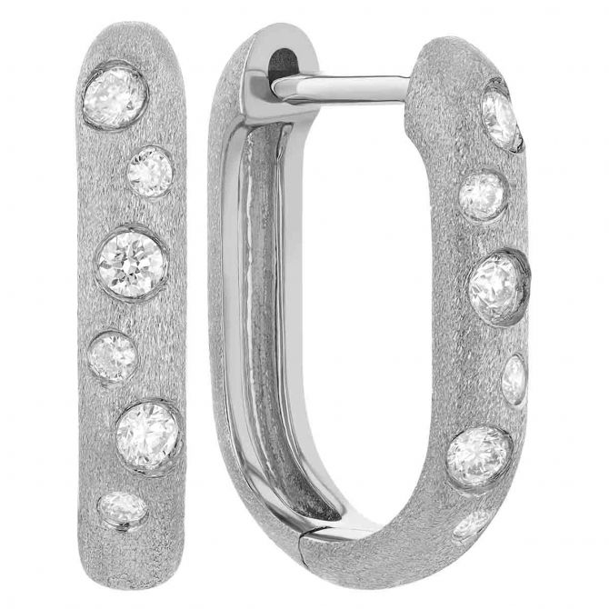 Flush Set Diamond Scatter U-Shaped Hoop Earrings in Satin White Gold