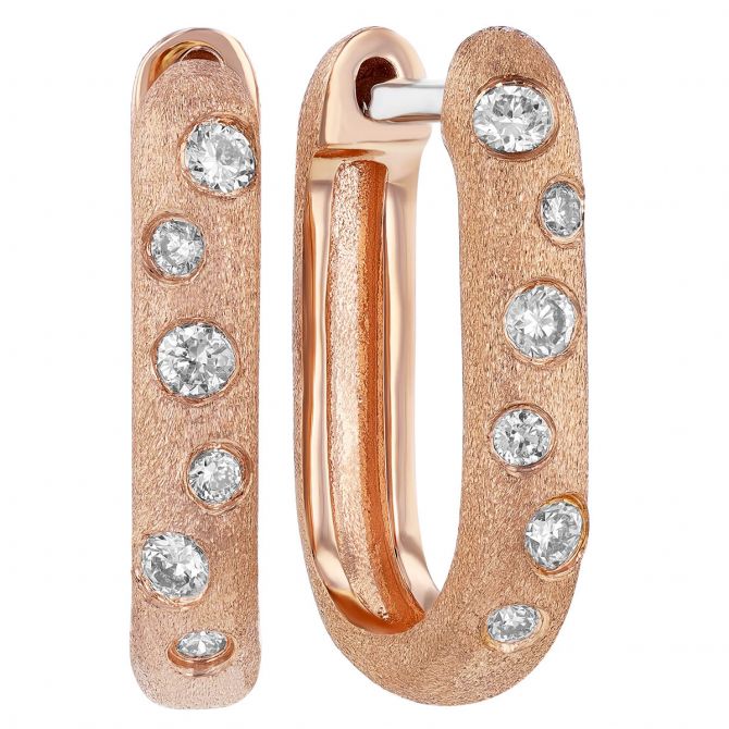 Flush Set Diamond Scatter U-Shape Huggie Hoop Earrings in Rose Gold