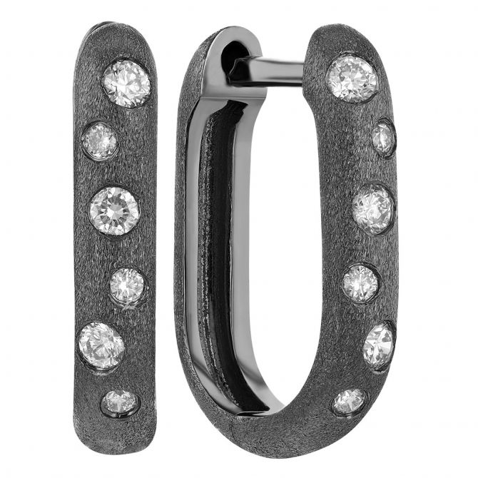 Flush Set Diamond Scatter U-Shaped Hoop Earrings in White Gold & Satin Black Rhodium