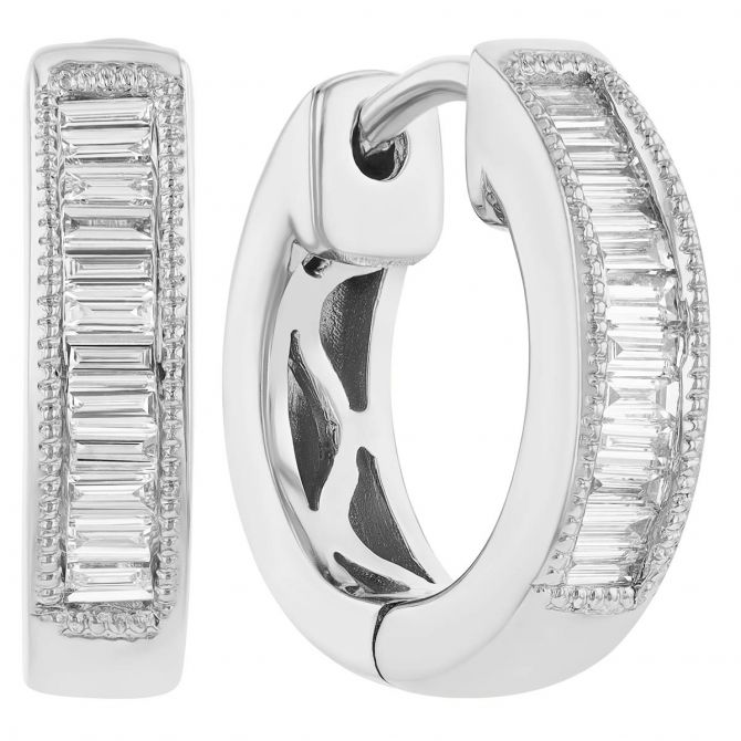 Baguette Diamond Channel Set Huggie Hoop Earrings with Milgrain in White Gold