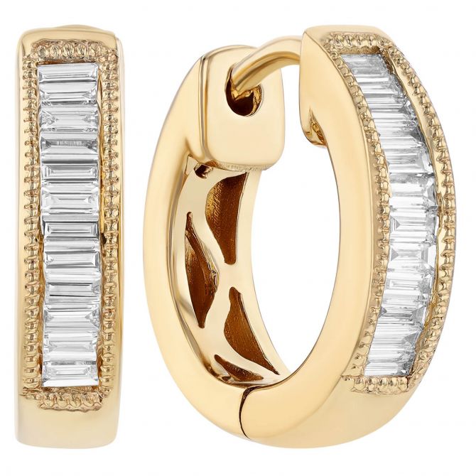 Baguette Diamond Channel Set Huggie Hoop Earrings with Milgrain in Yellow Gold