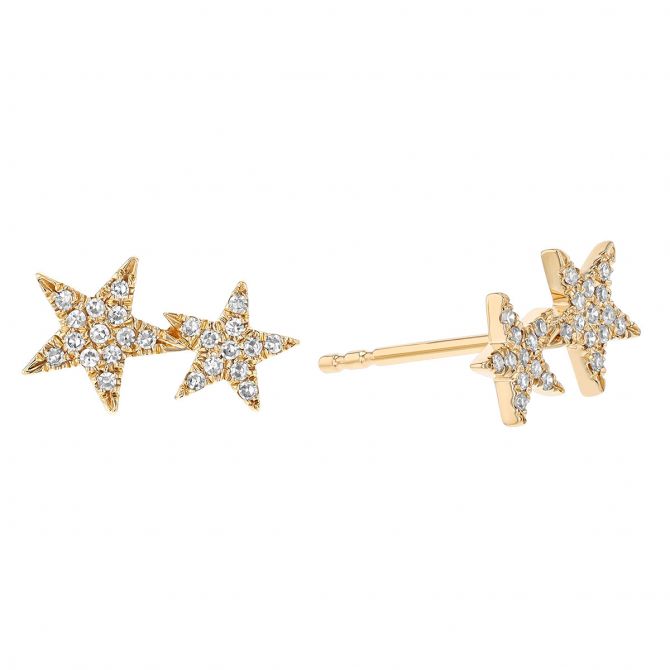 Diamond Pavé Double Star Stud Earrings in Yellow Gold