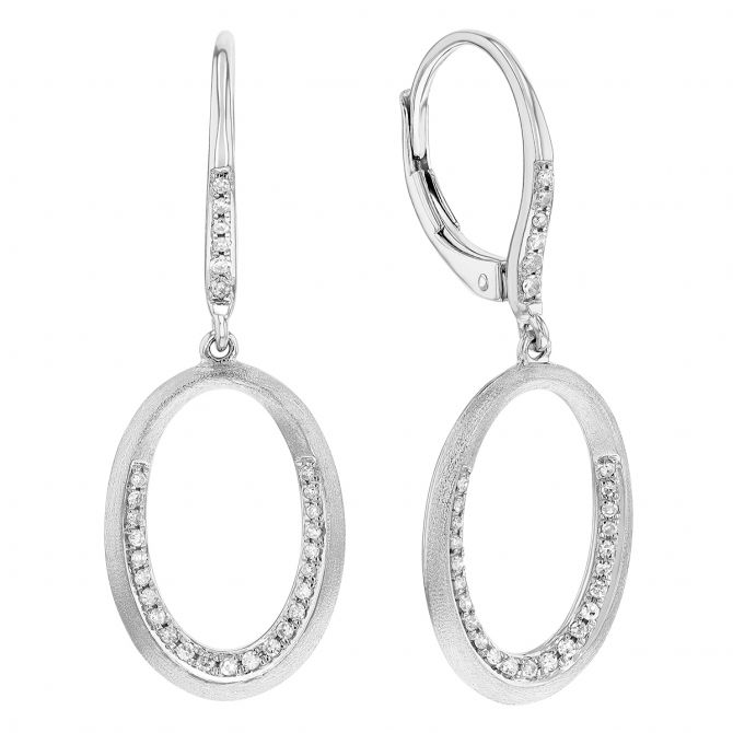 Diamond Open Beveled Oval Dangle Earrings in Matte White Gold