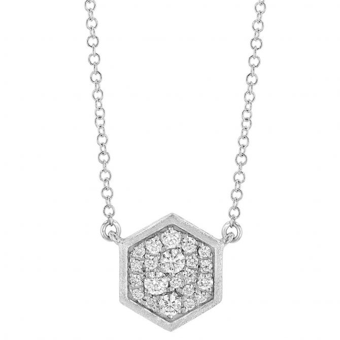 Diamond Hexagon Necklace in Matte White Gold, 18"