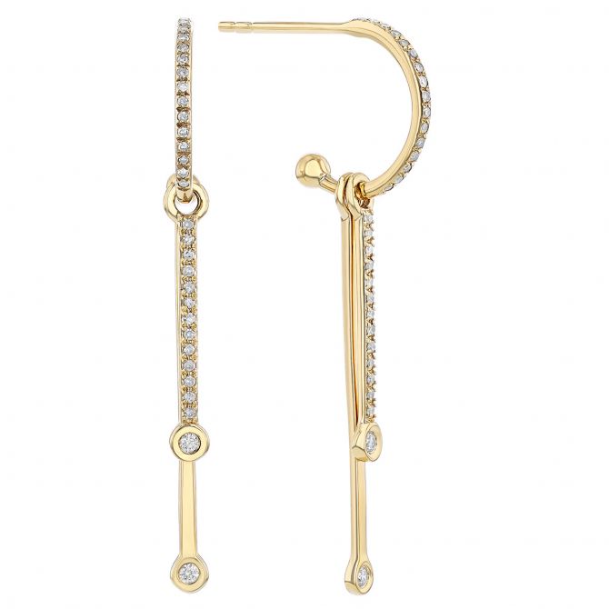 Diamond Double Bar Dangle Open Hoop Earrings in Yellow Gold