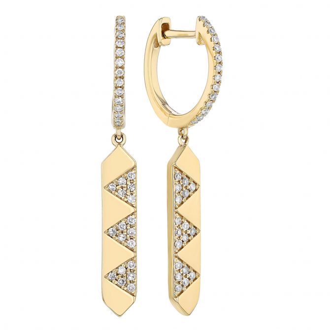 Diamond Pavé Chevron Pattern Dangle Hoop Earrings in Yellow Gold