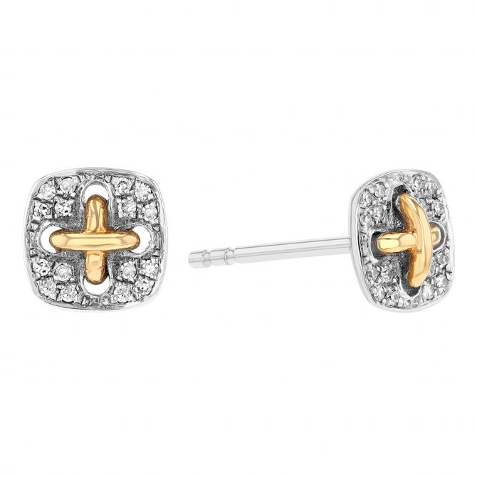 Diamond Pavé Threaded Button Stud Earrings in White & Yellow Gold