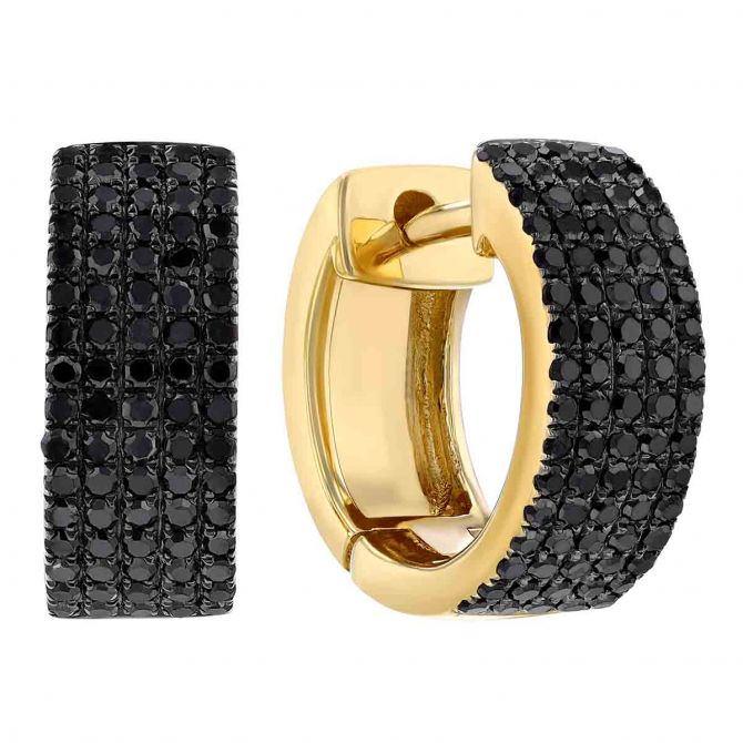 Black Diamond Pave Wide Huggie Hoop Earrings in Yellow Gold & Black Rhodium