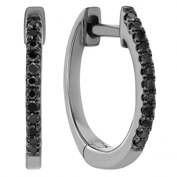 Black Diamond Huggie Hoop Earrings in Black Rhodium Plated White Gold