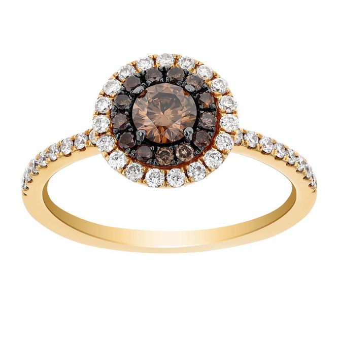 Brown & White Diamond Double Halo Ring in Yellow Gold