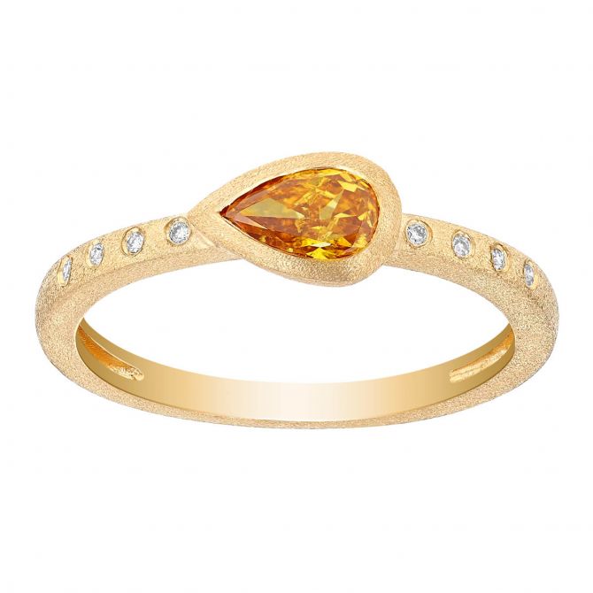 Pear Shaped Fancy Yellow Diamond East West Ring in Yellow Gold