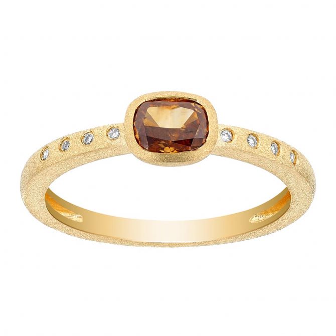 Cushion Cut Brown Diamond Bezel Set Ring in Yellow Gold