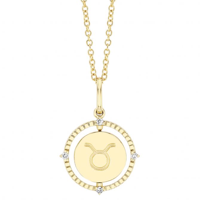 Taurus Zodiac Flip Disc Pendant with Diamonds in Yellow Gold