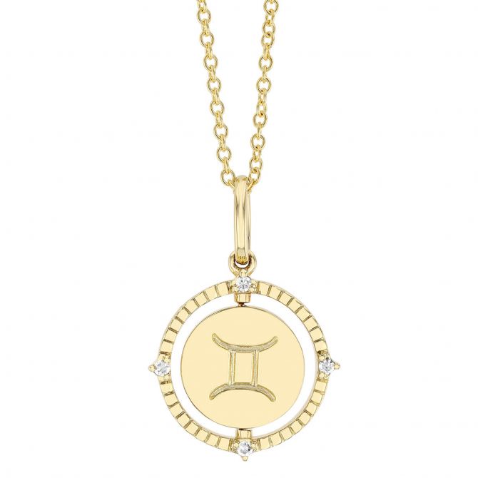 Gemini Zodiac Flip Disc Pendant with Diamonds in Yellow Gold