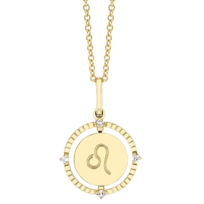 Leo Zodiac Flip Disc Pendant with Diamonds in Yellow Gold