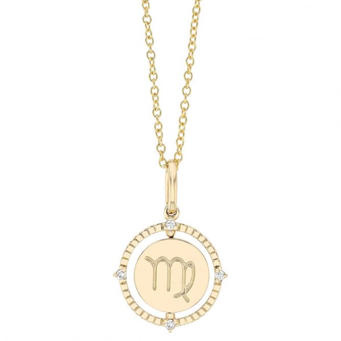 Virgo Zodiac Flip Disc Pendant with Diamonds in Yellow Gold