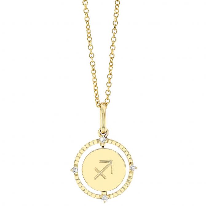 Sagittarius Zodiac Flip Disc Pendant with Diamonds in Yellow Gold