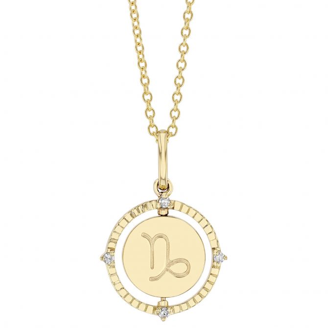 Capricorn Zodiac Flip Disc Pendant with Diamonds in Yellow Gold