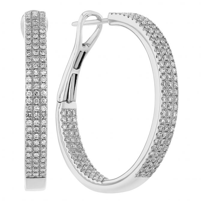 Diamond Pavé 3 Row Hoop Earrings in White Gold, 0.84 cttw, 25 mm