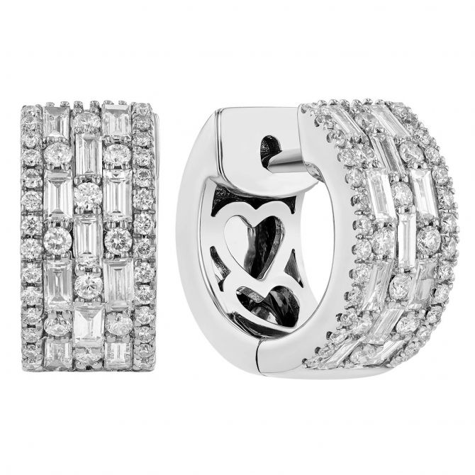 Baguette & Round Diamond Pavé 5 Row Huggie Hoop Earrings in White Gold