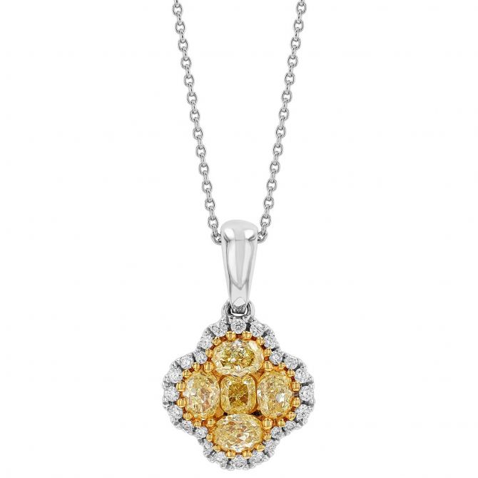 Fancy Yellow Diamond Clover Pendant with Halo in White Gold, 18"